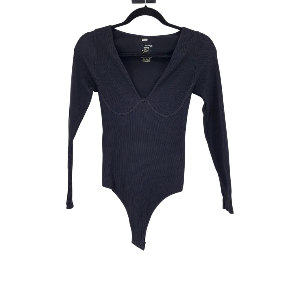 Free People Meg Seamless V-Neck Long-Sleeve Bodysuit in Black Size Large/XL